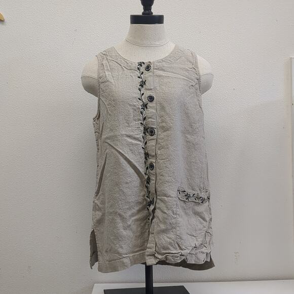 Studio Works Linen rayon blend button down tank top embroidery and pocket 8 - Picture 1 of 6